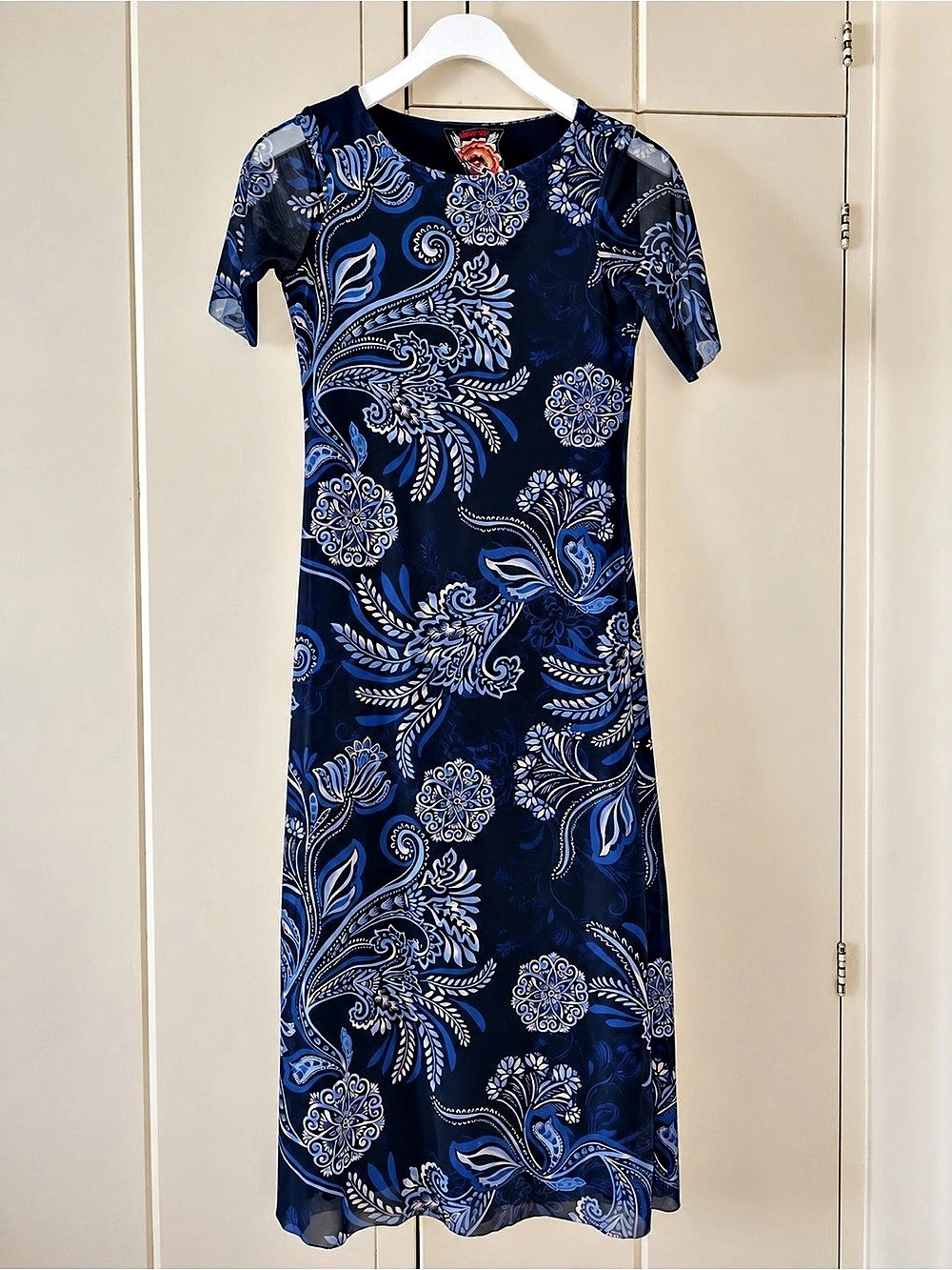 Johnny Was Floral Short Sleeve Midi in Blue & White, Navy Flowered Petite Dress
